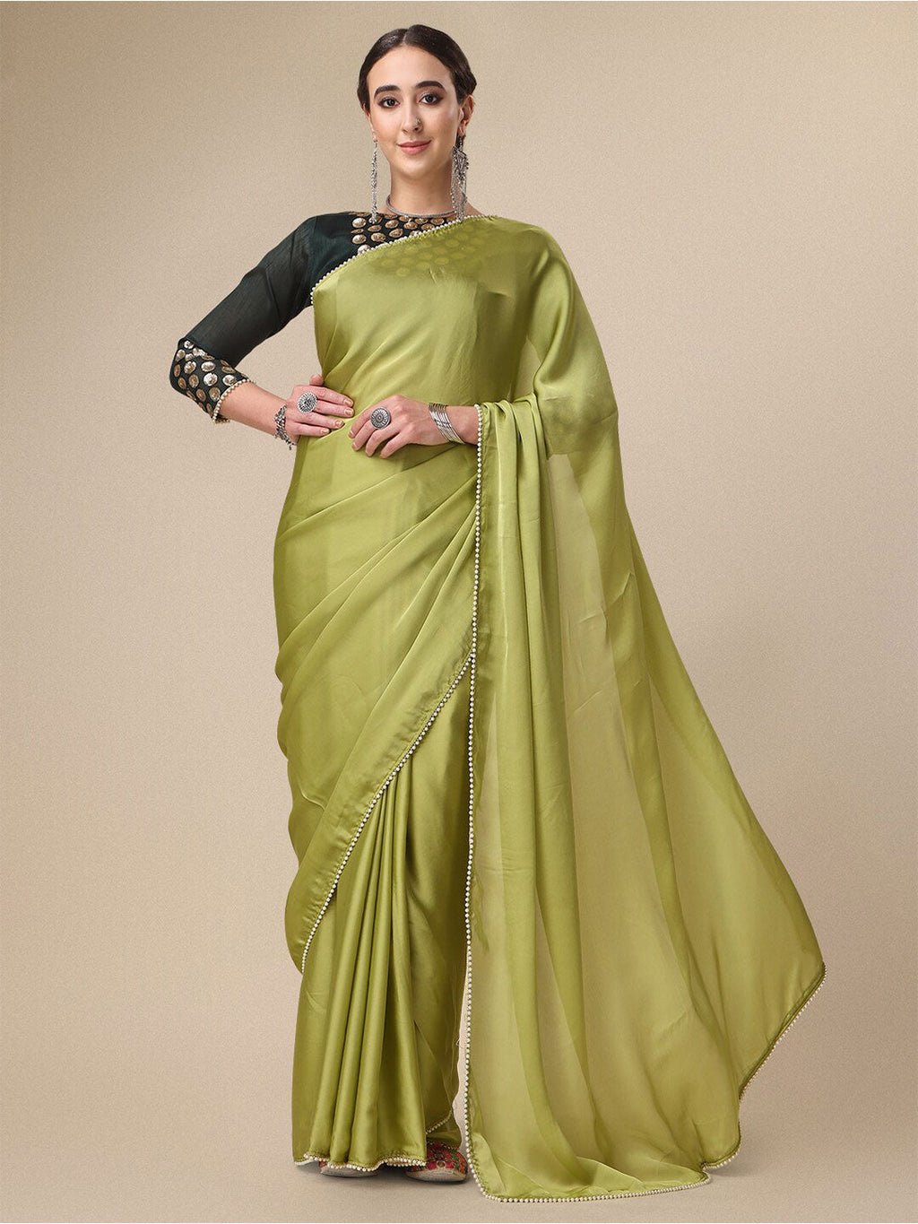 Sangria Olive Green Satin Saree With Beads Embelished Border | Grocsy