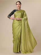 Sangria Olive Green Satin Saree With Beads Embelished Border | Grocsy