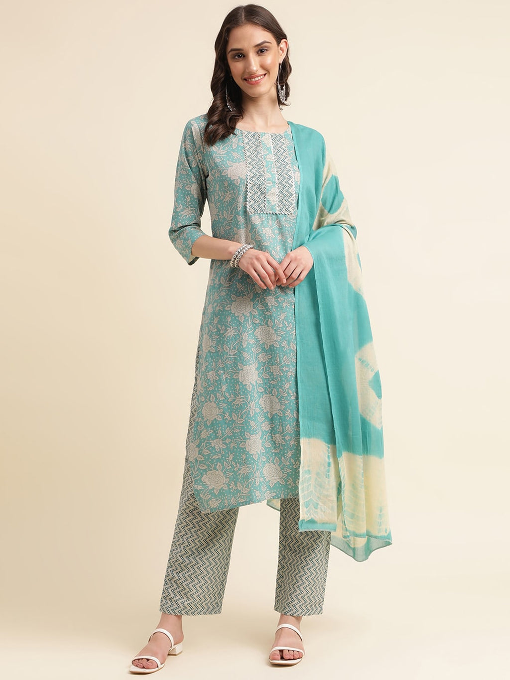 Sangria Green & Cream Floral Printed Pure Cotton Straight Kurta With Trouser | Grocsy