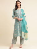 Sangria Green & Cream Floral Printed Pure Cotton Straight Kurta With Trouser | Grocsy
