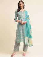 Sangria Green & Cream Floral Printed Pure Cotton Straight Kurta With Trouser | Grocsy
