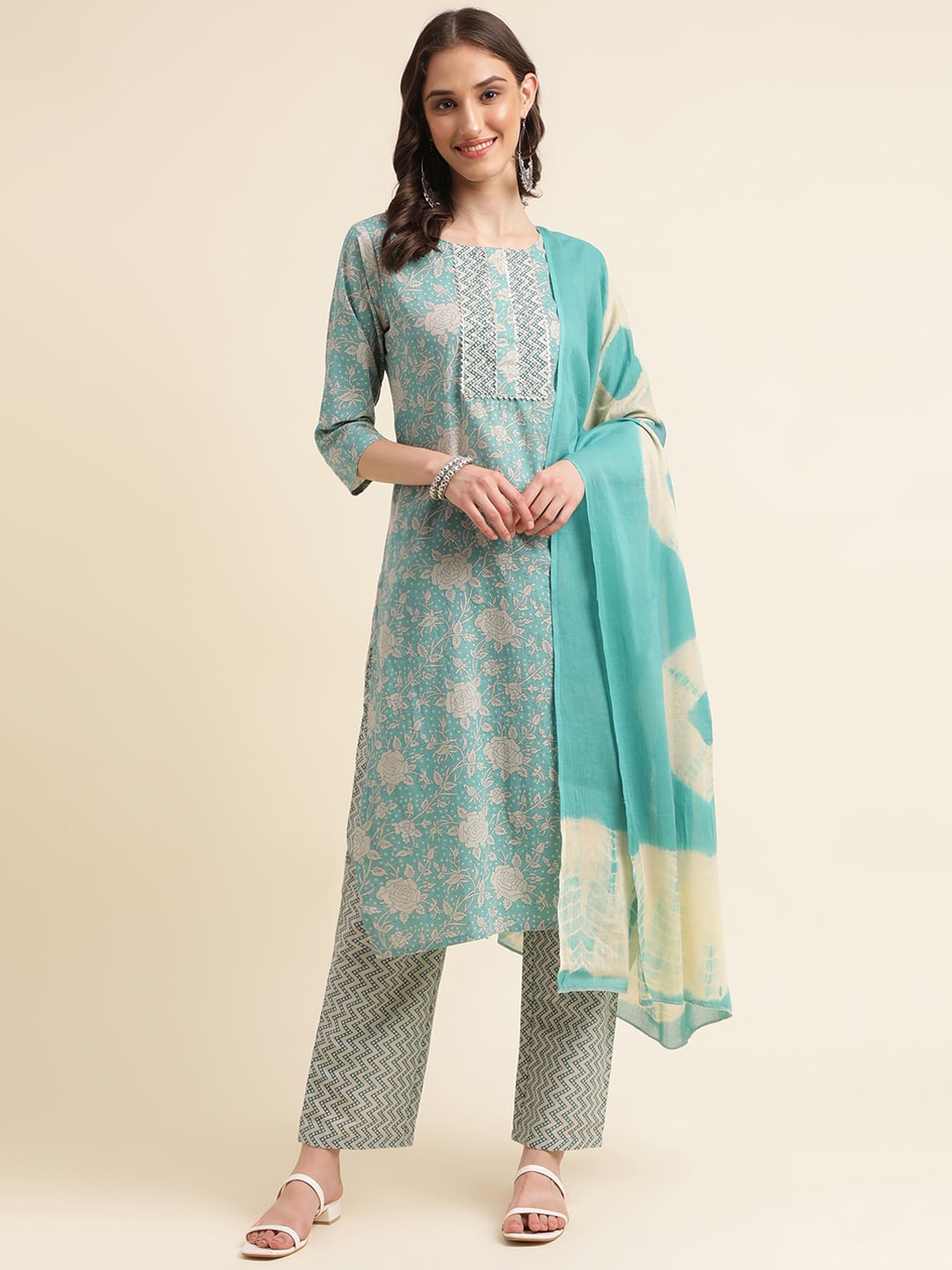 Sangria Green & Cream Floral Printed Pure Cotton Straight Kurta With Trouser | Grocsy