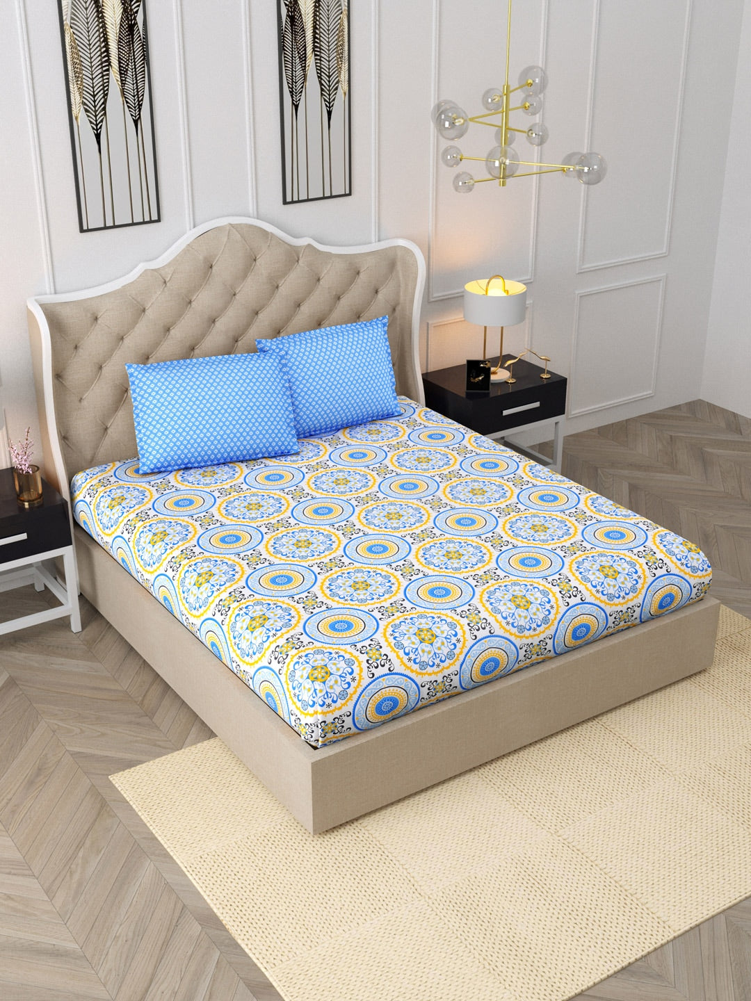 DREAM WEAVERZ Blue & Yellow Cotton Ethnic Motifs 300 TC Double Bedsheet with 2 Pillow Covers | Grocsy