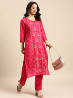 All About You Ethnic Motifs Embroidered Chanderi Silk Kurta with Trousers | Grocsy
