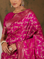 Sangria Pink & Gold-Toned Floral Woven Design Zari Banarasi Saree | Grocsy