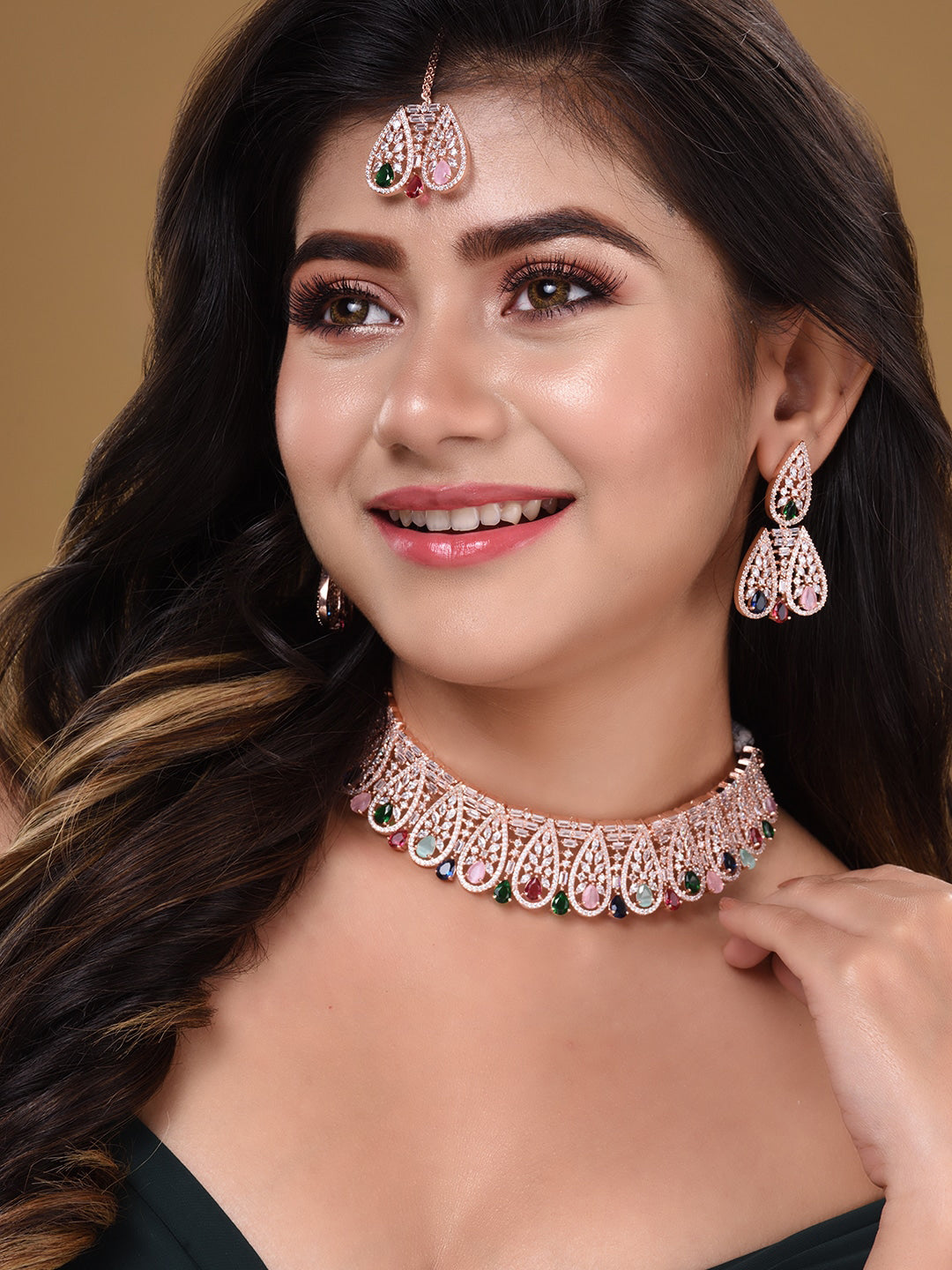 Saraf RS Jewellery Rose Gold-Polished White & Green AD-Studded Jewellery Set | Grocsy