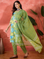 Joban Fashion Printed Green Pure Cotton Kurta Set | Grocsy