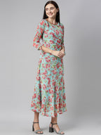 Souchii Turquoise Blue Floral Printed Chiffon A-Line Midi Dress | Grocsy