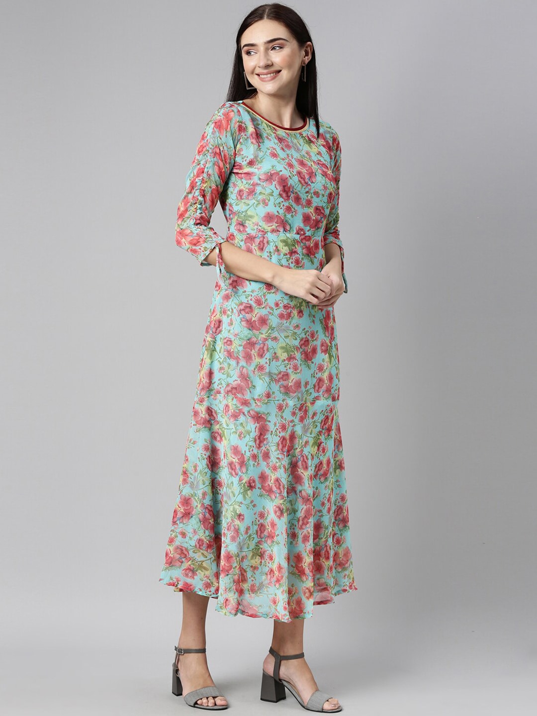 Souchii Turquoise Blue Floral Printed Chiffon A-Line Midi Dress | Grocsy