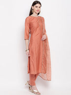 Janasya Women Peach-Coloured Self Design Kurta with Trousers & Dupatta | Grocsy
