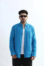 Xkind Blue 100% Pure Linen Button Down Casual Shirt | Grocsy