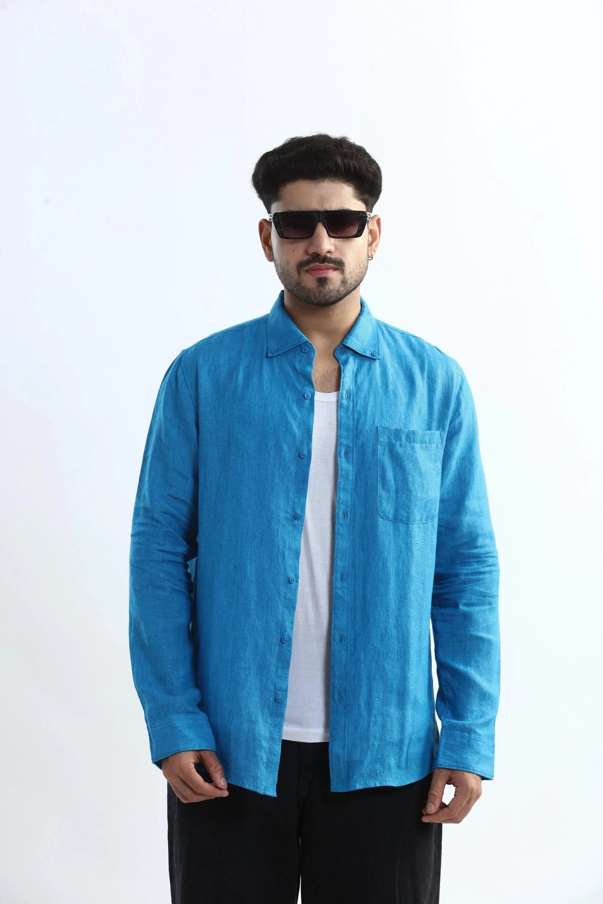Xkind Blue 100% Pure Linen Button Down Casual Shirt | Grocsy