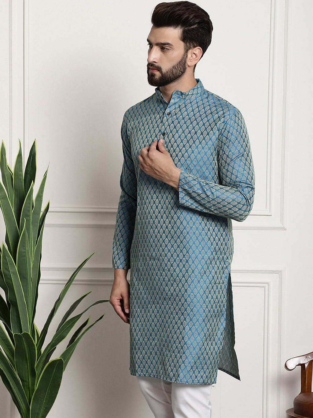 Sojanya Men Blue & Beige Ethnic Motif Printed Jacquard Silk Kurta | Grocsy