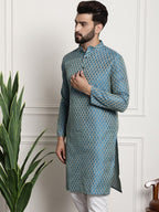Sojanya Men Blue & Beige Ethnic Motif Printed Jacquard Silk Kurta | Grocsy