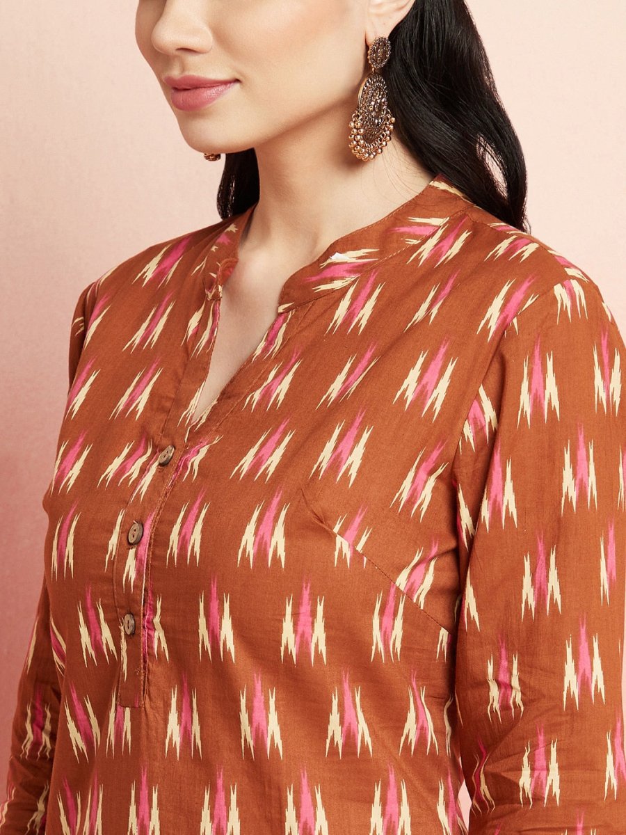 Aks Ikat Printed Pure Cotton Straight Kurta With Palazzos | Grocsy