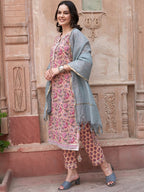 Sangria Peach-Coloured Ethnic Motifs Printed Pure Cotton Kurta with Trousers & Dupatta | Grocsy