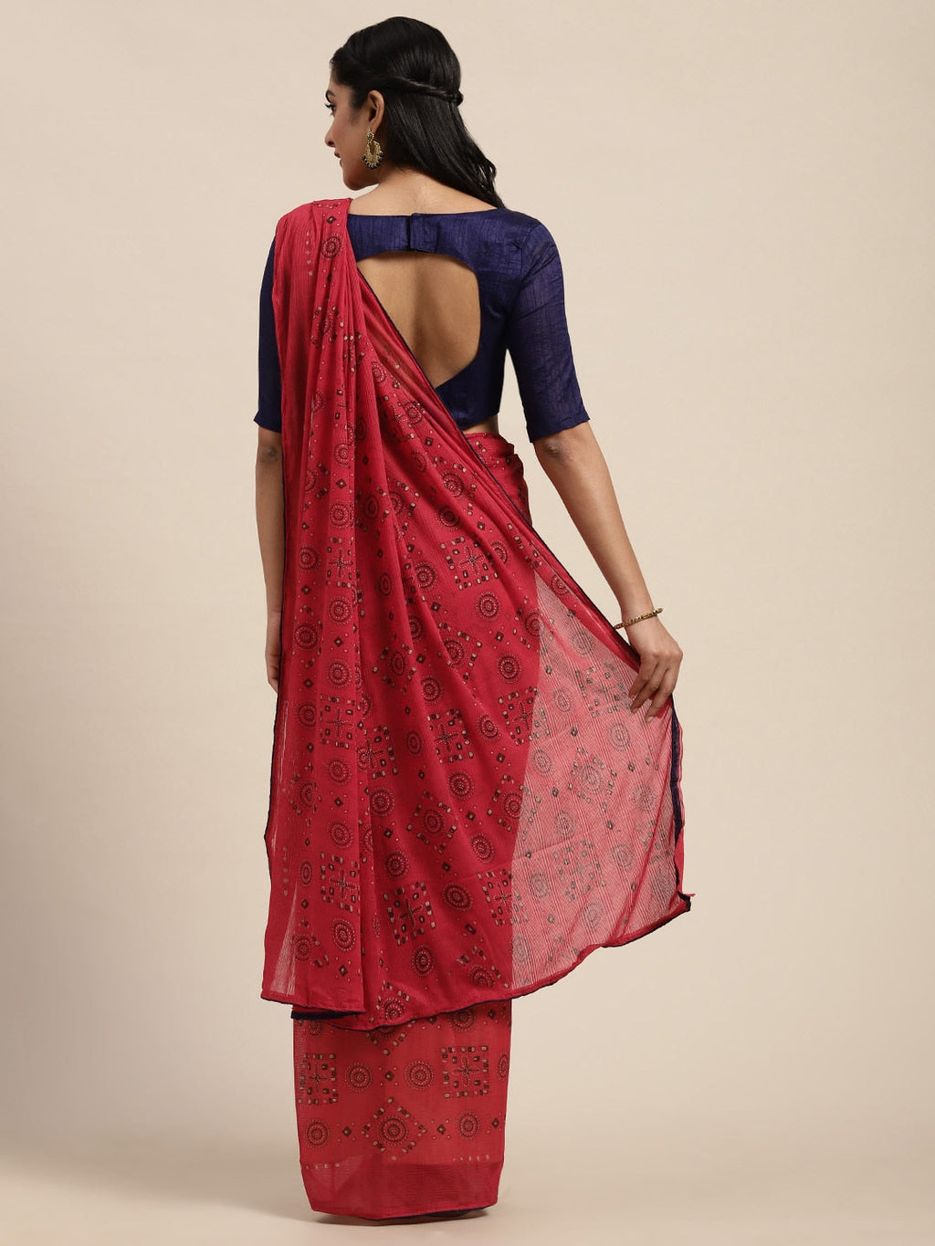 Saree Mall Red Pure Chiffon Tribal Print Bandhani Saree | Grocsy