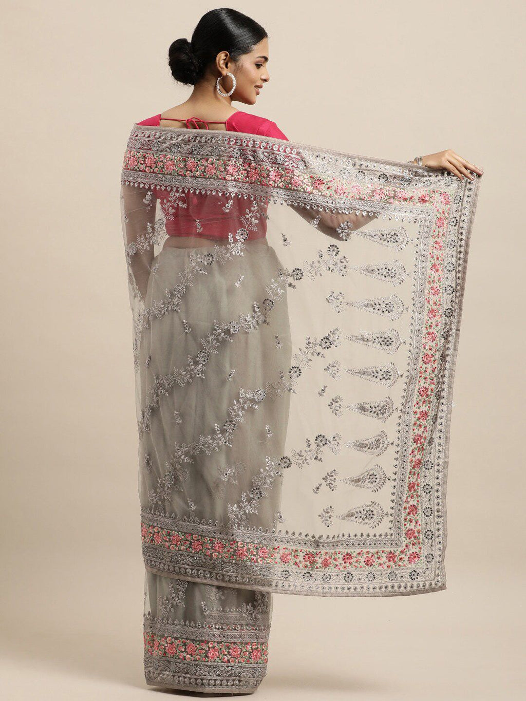 kasee Grey & Fuchsia Floral Embroidered Net Heavy Work Saree | Grocsy