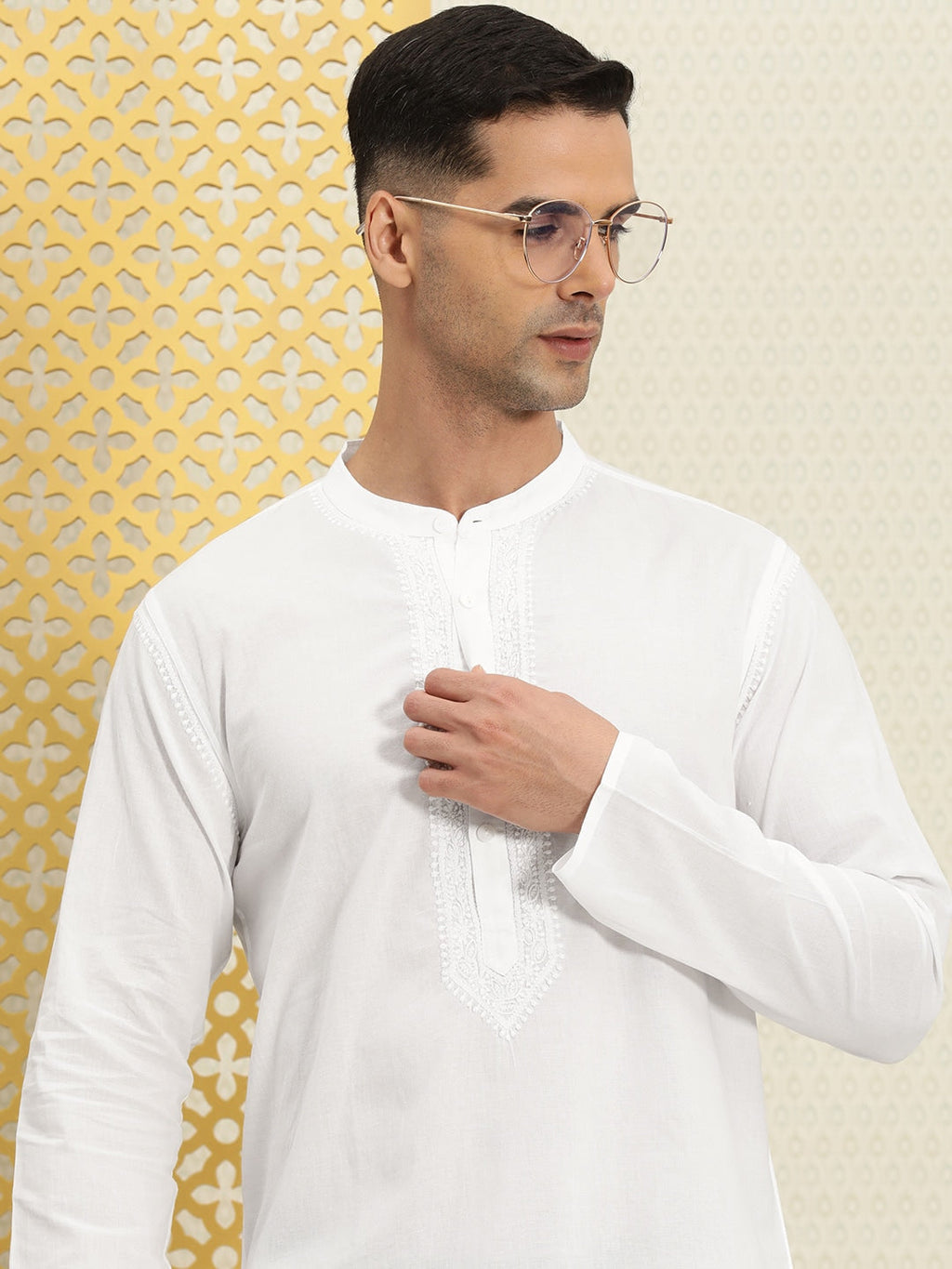 House of Pataudi Men Pure Cotton Solid Chikankari Jashn Short Kurta | Grocsy