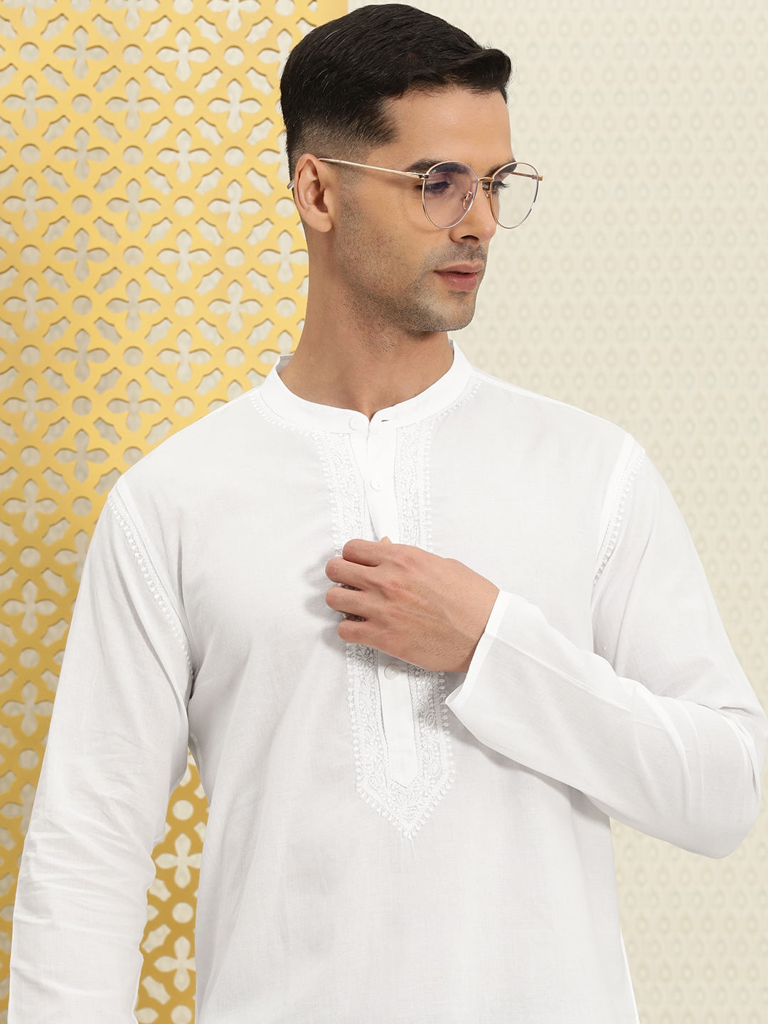House of Pataudi Men Pure Cotton Solid Chikankari Jashn Short Kurta | Grocsy