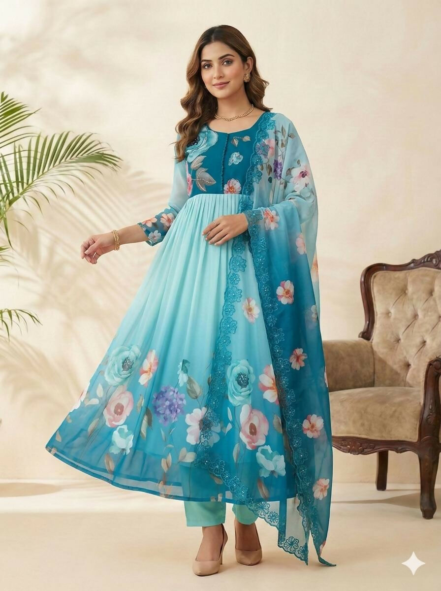 Teeya Creation Womens New Fancy Silk Heavy Quality Fabric With Handwork Sky-Blue Gown Set | Grocsy