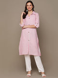 HERE&NOW Pink & White Shirt Collar Roll-Up Sleeves Striped Pure Cotton Straight Kurta | Grocsy