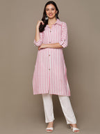 HERE&NOW Pink & White Shirt Collar Roll-Up Sleeves Striped Pure Cotton Straight Kurta | Grocsy