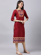 Souchii Maroon & Yellow Thread Work Grandeur & Majestic Artwork Cotton Kurta | Grocsy
