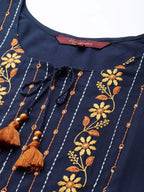 Sangria Women Navy Blue Floral Embroidered Floral Kurta | Grocsy
