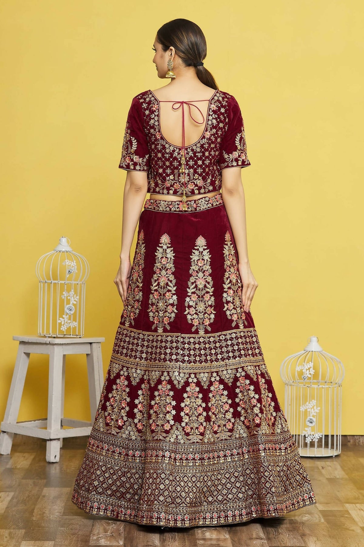 Maroon Velvet Semi-Stitched Wedding Bridal Lehenga - Nimaya | Grocsy