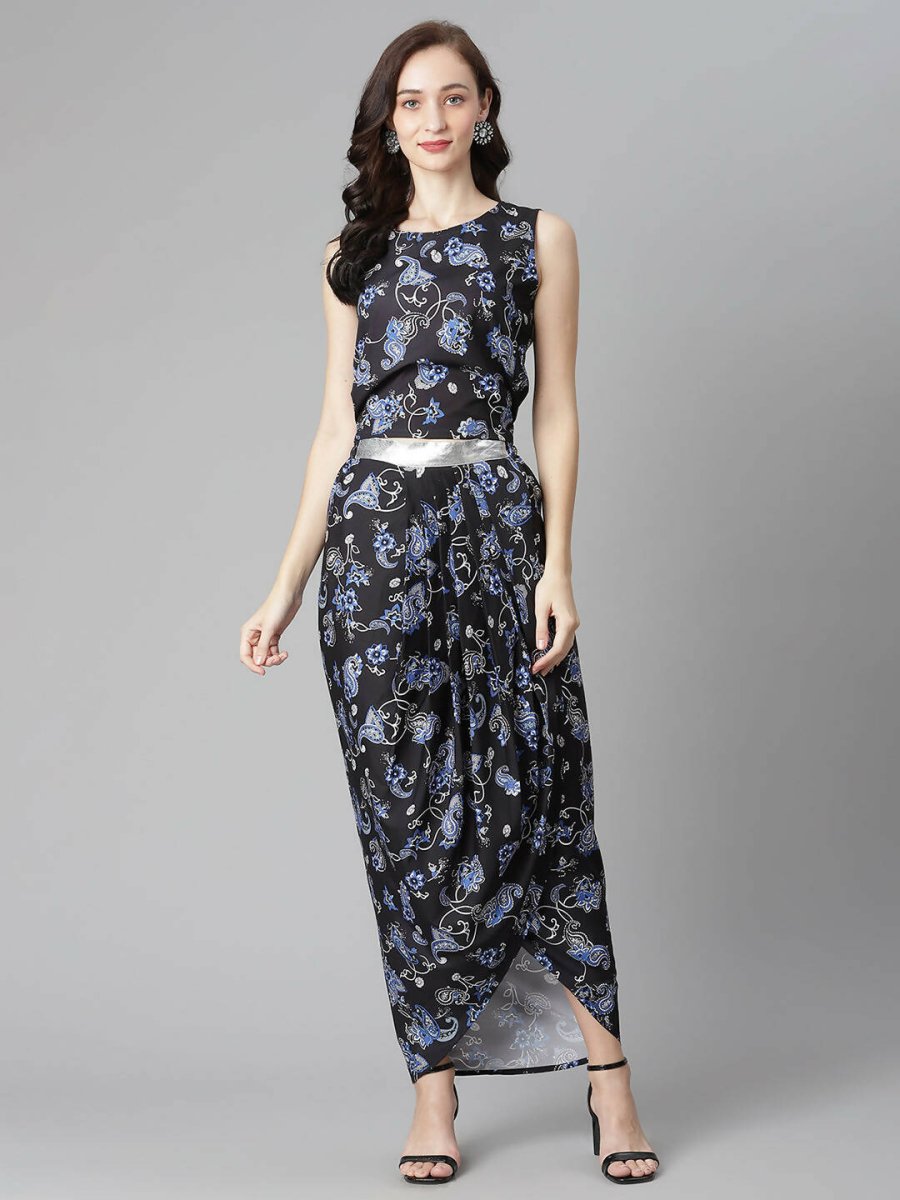 Ahalyaa Women's Black Color Crepe Digital Print Top Skirt With Shrug | Grocsy