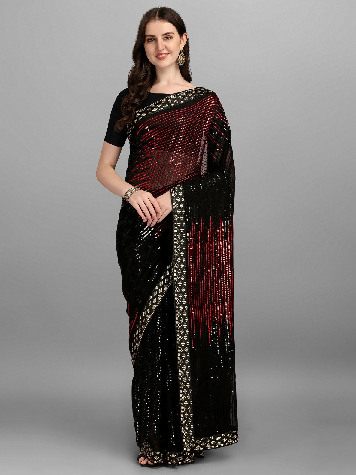 Vegaa Fashion Black Georgette Embroidered Party Wear Saree | Grocsy