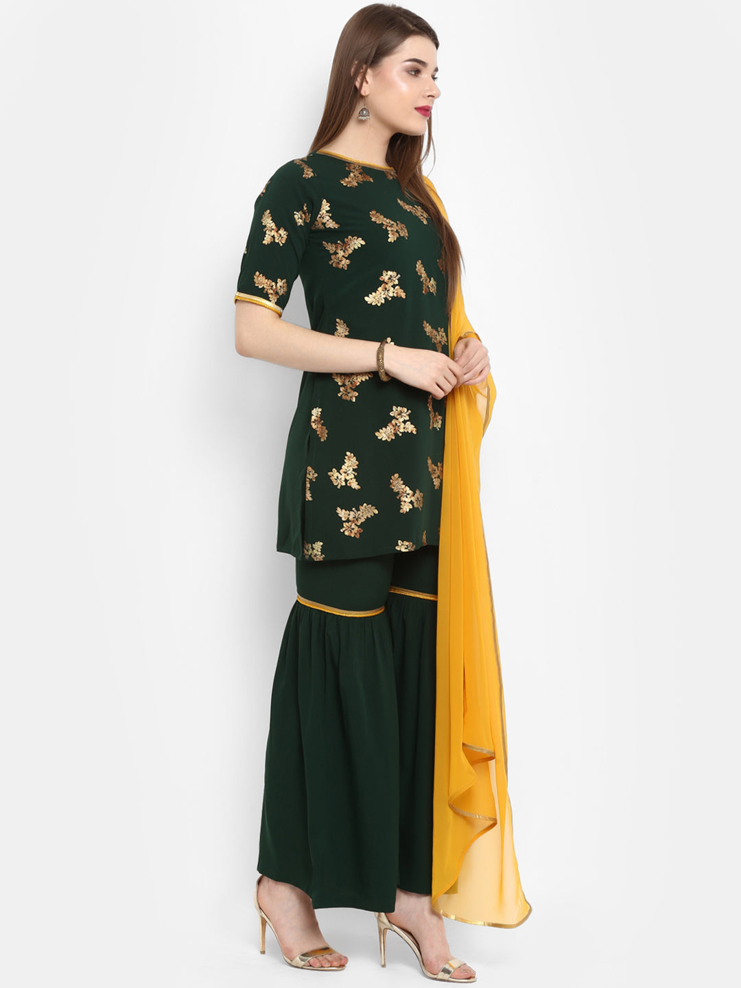 Janasya Women Green & Orange Printed Kurta with Sharara & Dupatta | Grocsy