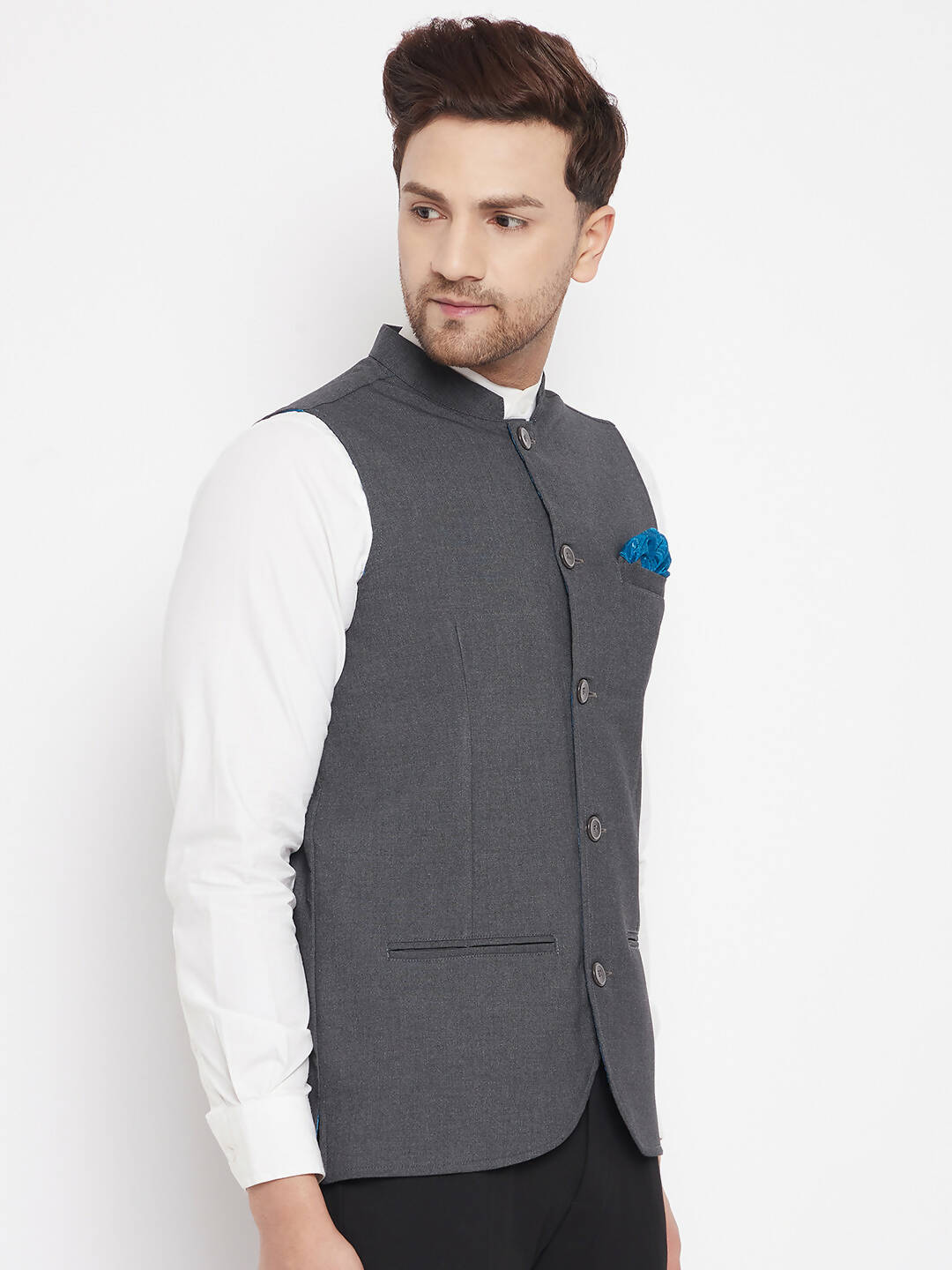 Even Apparels Men's Grey Merino Nehru Jacket-Contrast Lining-Free Pocket Square | Grocsy