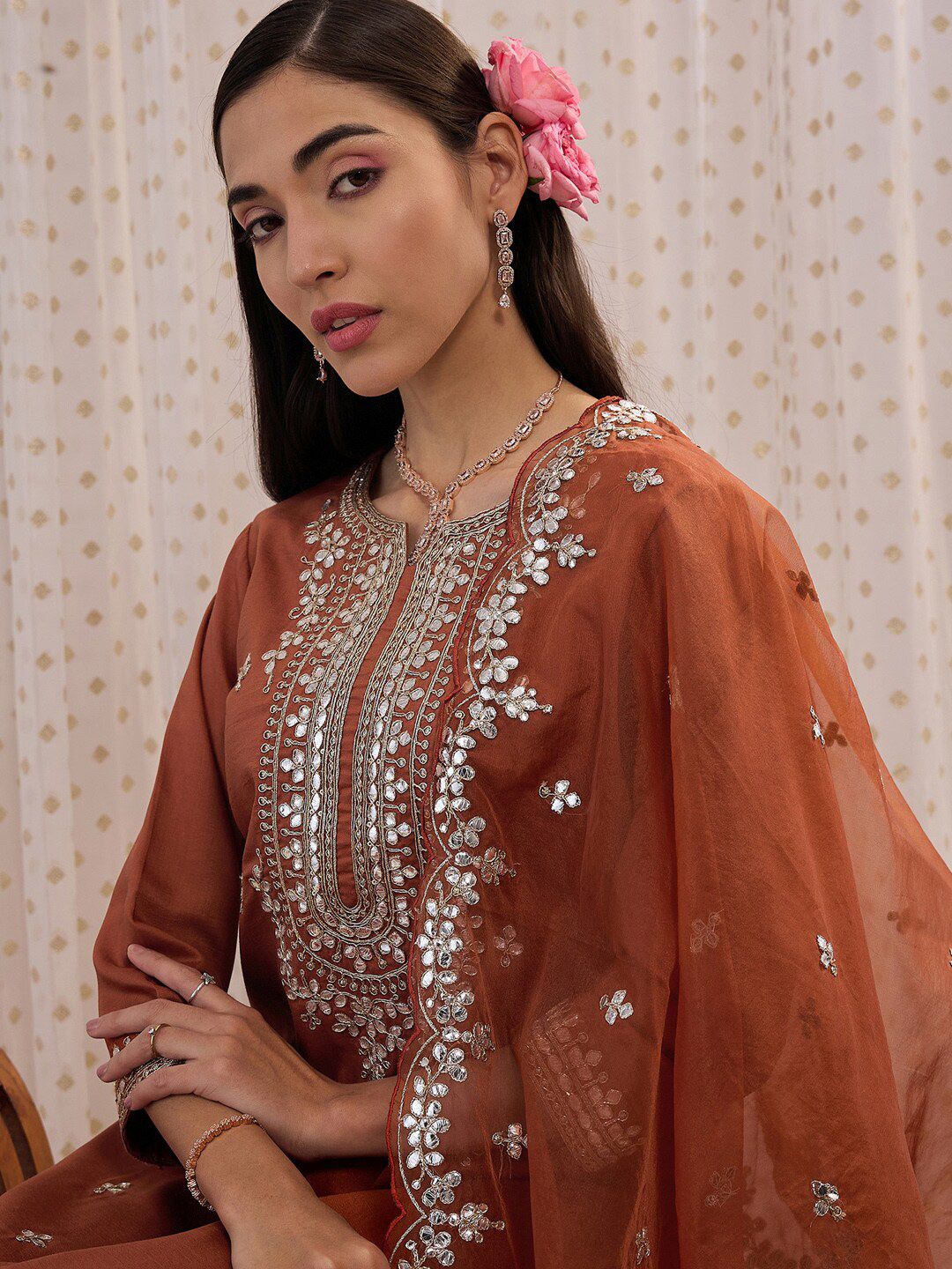 Indo Era Ethnic Motifs Embroidered Regular Gotta Patti Kurta with Trouser & Dupatta | Grocsy