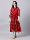 Souchii Maroon Floral Layered Chiffon A-Line Midi Dress | Grocsy