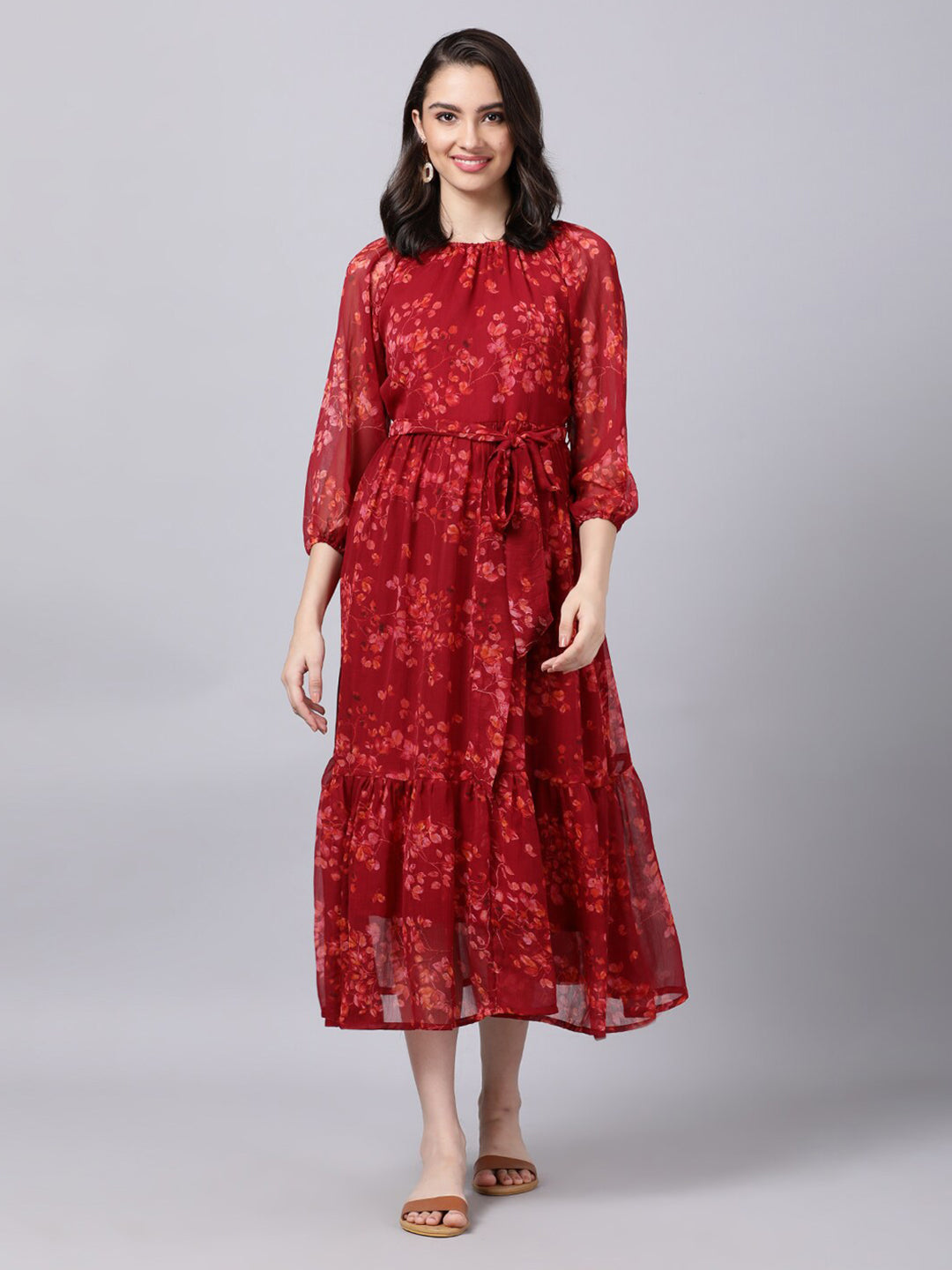 Souchii Maroon Floral Layered Chiffon A-Line Midi Dress | Grocsy