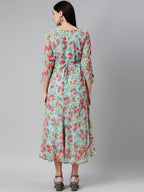 Souchii Turquoise Blue Floral Printed Chiffon A-Line Midi Dress | Grocsy