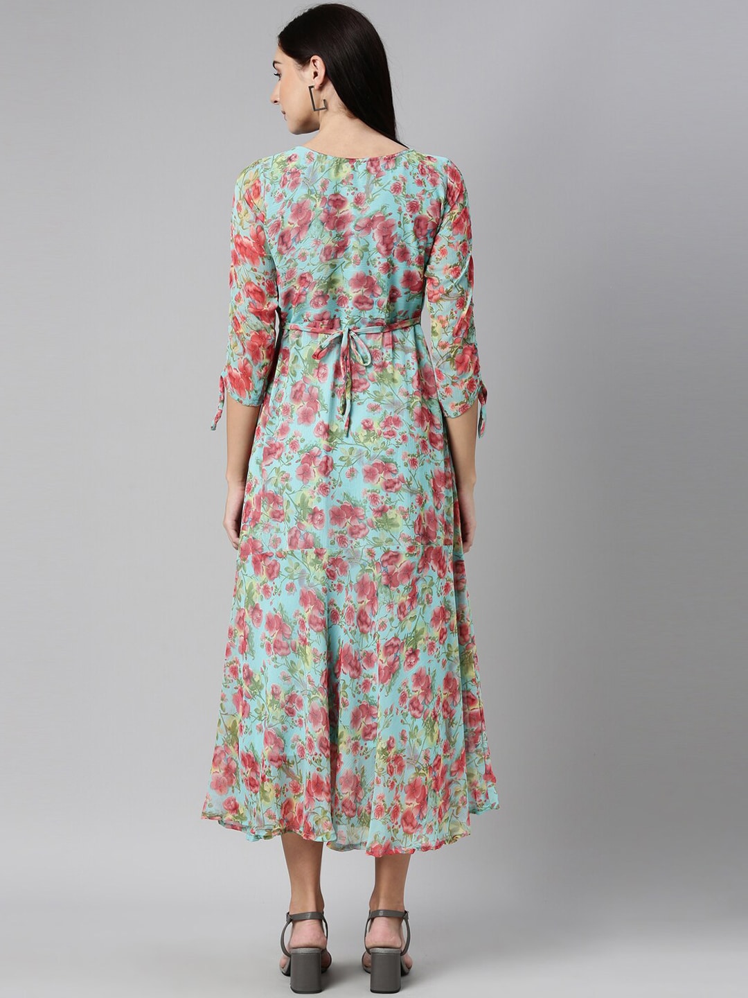 Souchii Turquoise Blue Floral Printed Chiffon A-Line Midi Dress | Grocsy