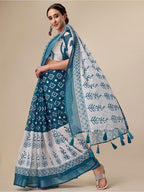 Sangria Teal & White Floral Printed Pure Linen Saree | Grocsy