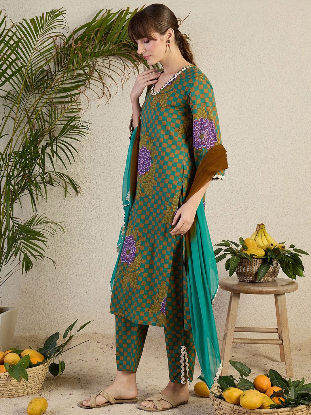 Indo Era Women Floral Printed Regular Beads and Stones Kurta with Trousers & With Dupatta | Grocsy