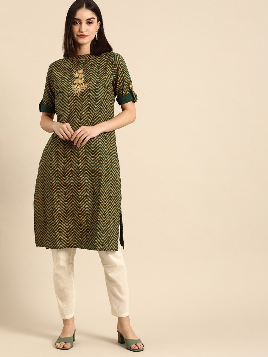 All About You Women Green & Yellow Floral Embroidered Thread Work Pure Cotton Kurta | Grocsy