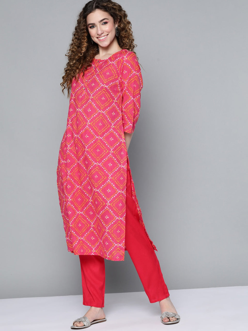 HERE&NOW Women Pink & White Bandhani Printed Kurta | Grocsy