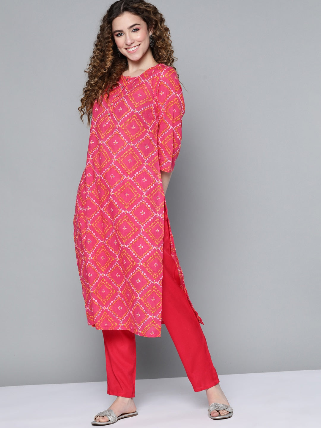 HERE&NOW Women Pink & White Bandhani Printed Kurta | Grocsy