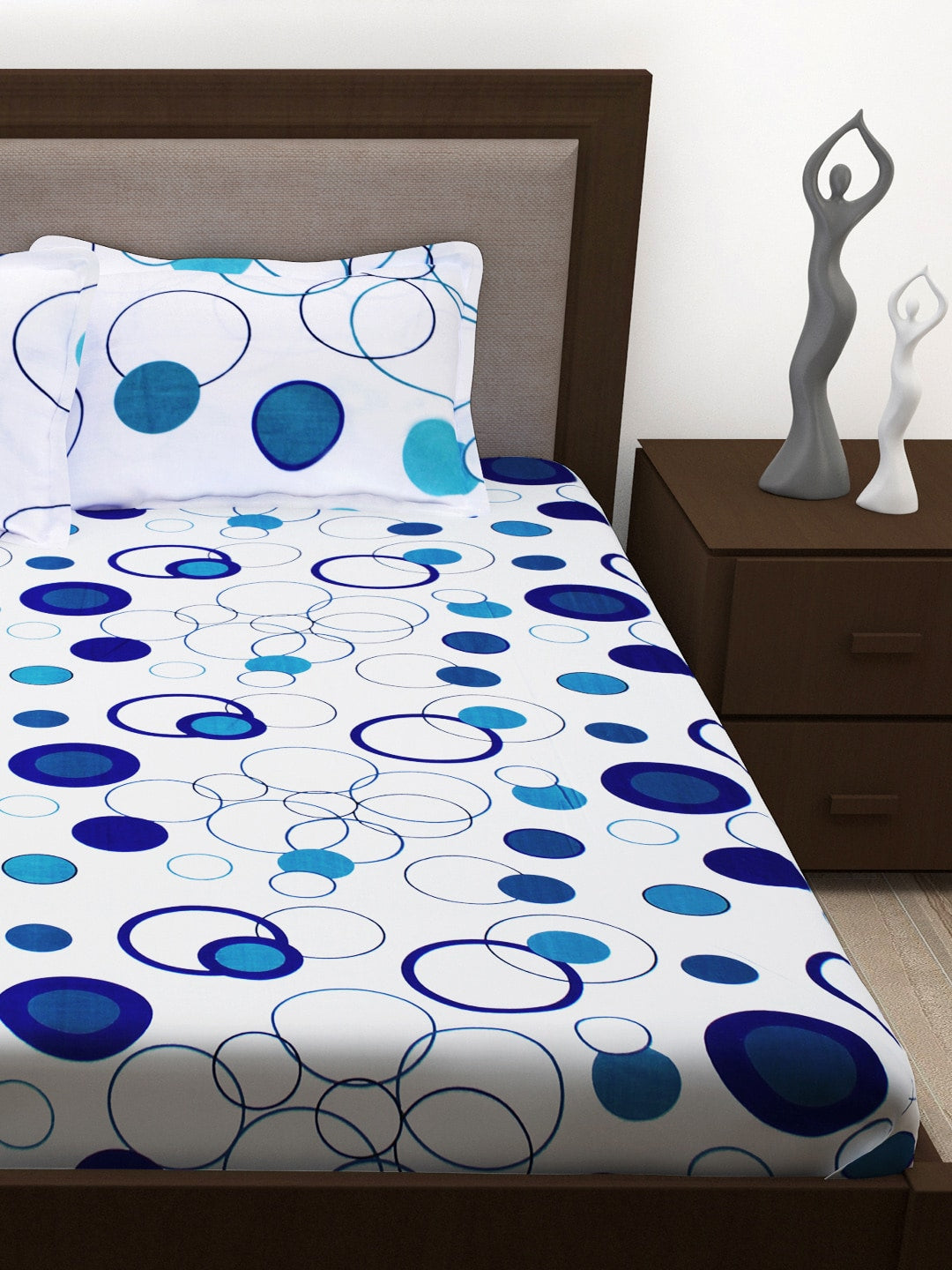 Story@home White & Blue Geometric 186 TC Cotton 1 Queen Bedsheet with 2 Pillow Covers | Grocsy