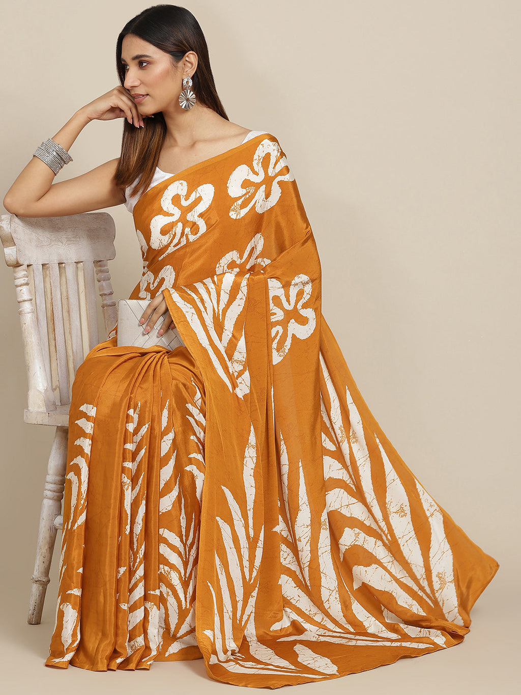 Tikhi Imli Mustard & White Floral Print Satin Saree | Grocsy