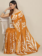 Tikhi Imli Mustard & White Floral Print Satin Saree | Grocsy