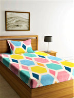 Home Sizzler Blue & Yellow Geometric 210 TC Single Bedsheet with 1 Pillow Covers | Grocsy