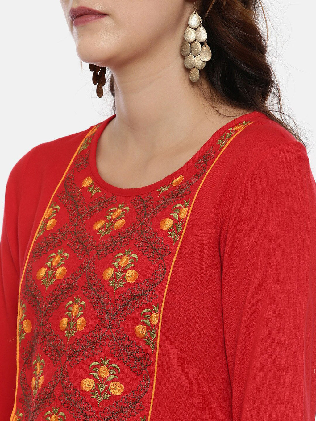 Souchii Women Red & Yellow Floral Yoke Design Kurta | Grocsy