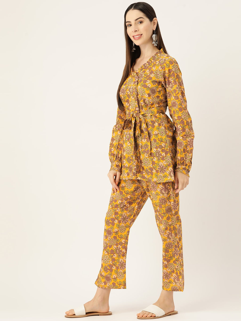 InWeave Mustard Kalamkari Print Co Ord Set With Belt | Grocsy